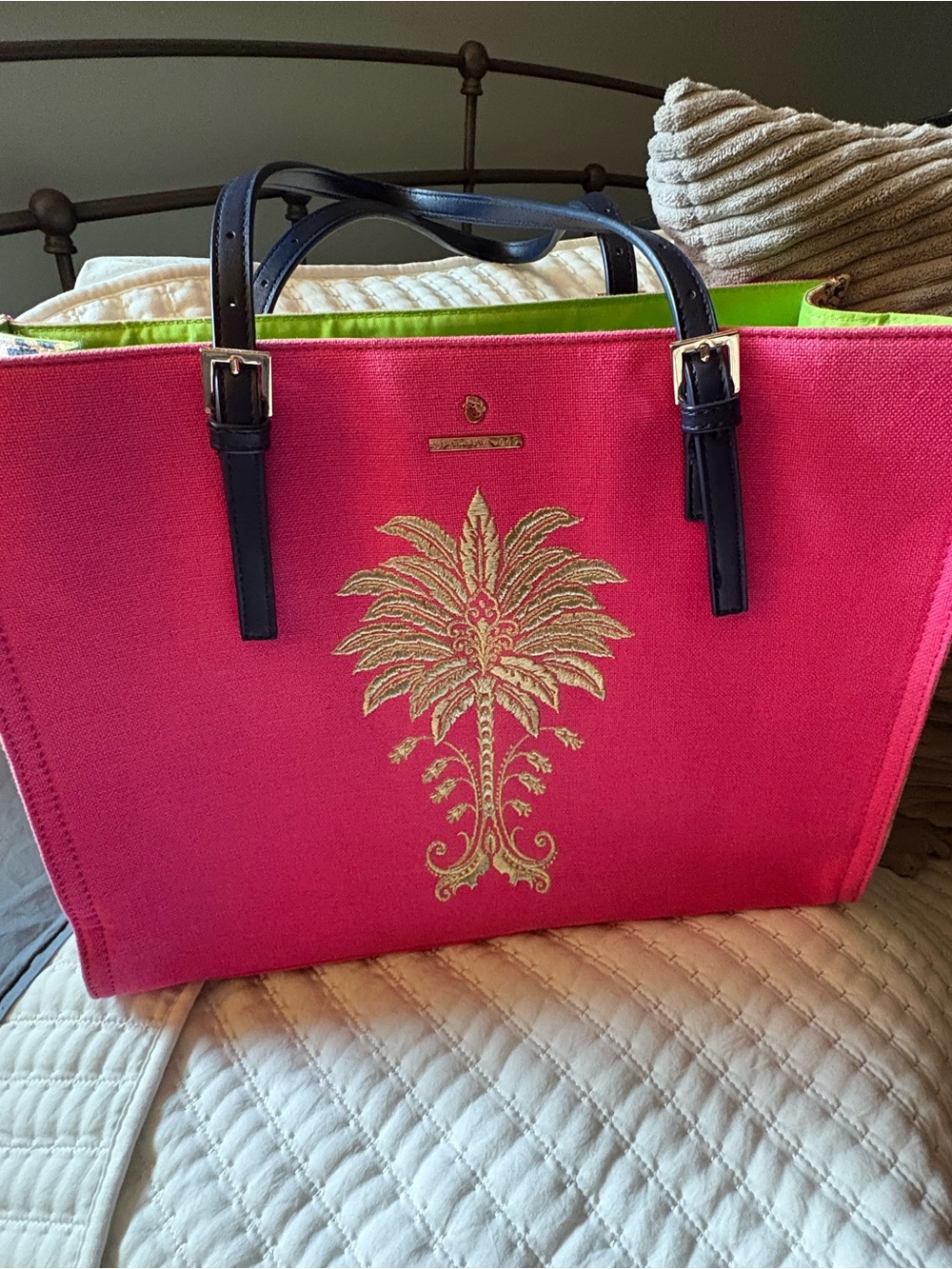Spartina Hot Pink Canvas Tote with Gold Palm Embroidery - Picture 7 of 7